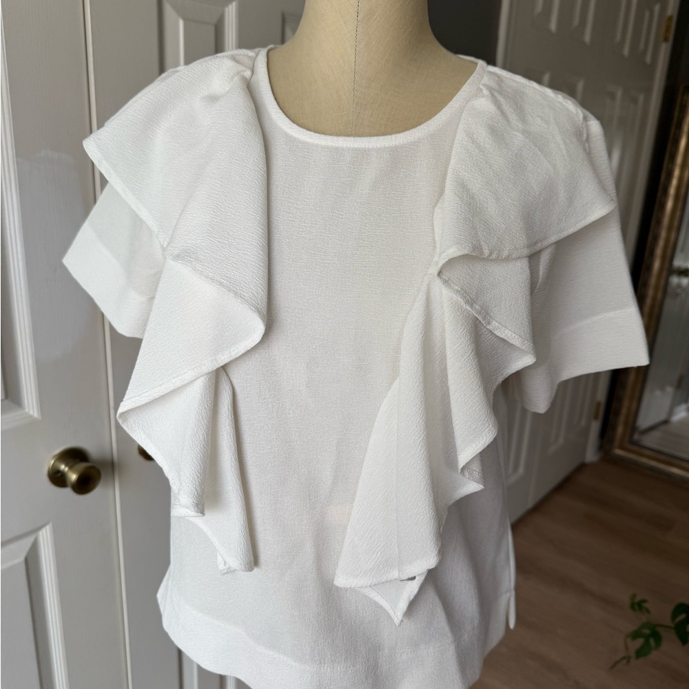 White Flutter Sleeve Ruffled Blouse